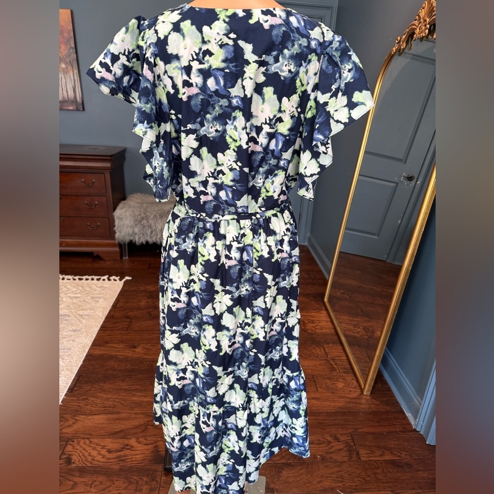Floral Midi Dress Navy Green Tie Waist Pockets Short Sleeve 1X - Picture 3 of 8